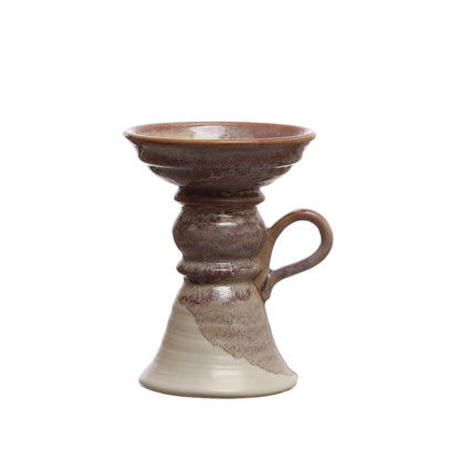 7.5 Inches Stoneware Pillar Holder with Handle and Reactive Glaze for 5 Inches Pillar, Brown
