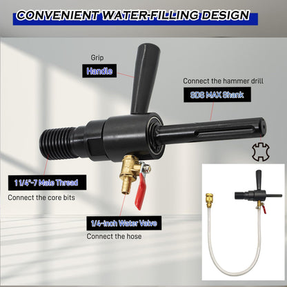 DaduoRi 7" Wet Core Drill Bit with Water Injection Capable Adapter for SDS Max Shank - Includes Solid Brass Quick Connector and Hose - Convenient 1 1/4"-7 Thread Core Bit with Water Feed Design