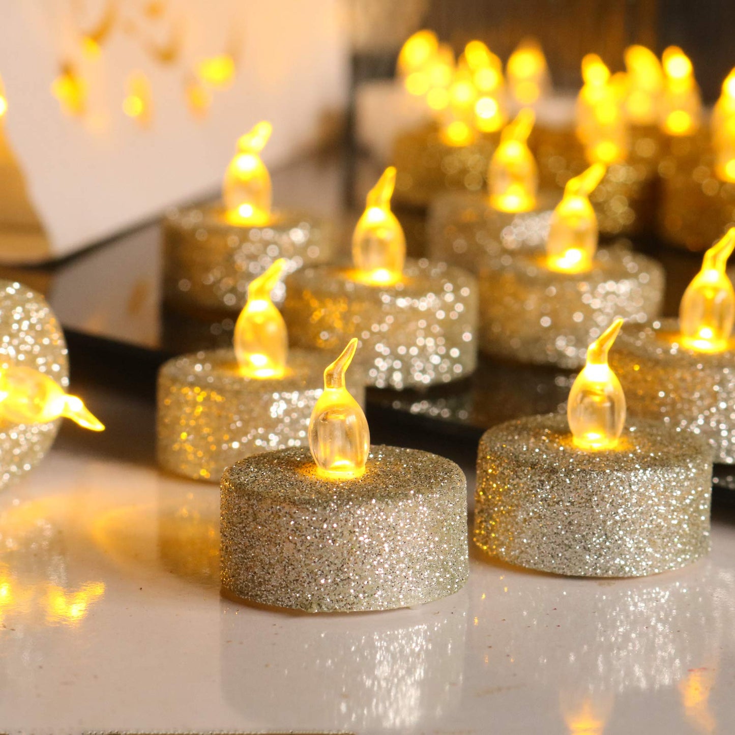 Aulaygo 12Pcs Tea Light Votive Candles with 6h Timer,Led Candles Battery Operated Warm White Flickering for Christmas Decor,Event,Anniversary Party,Wedding(Silver)