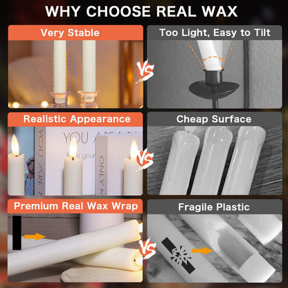 Upgraded Real Wax LED Flameless Taper Candles with Remote, KSWING 6 PCS White Candlesticks Battery Operated 3D Flickering - 9.6" Long Realistic Fake Candle Sticks for Home/Wedding/Fireplace Xmas Decor