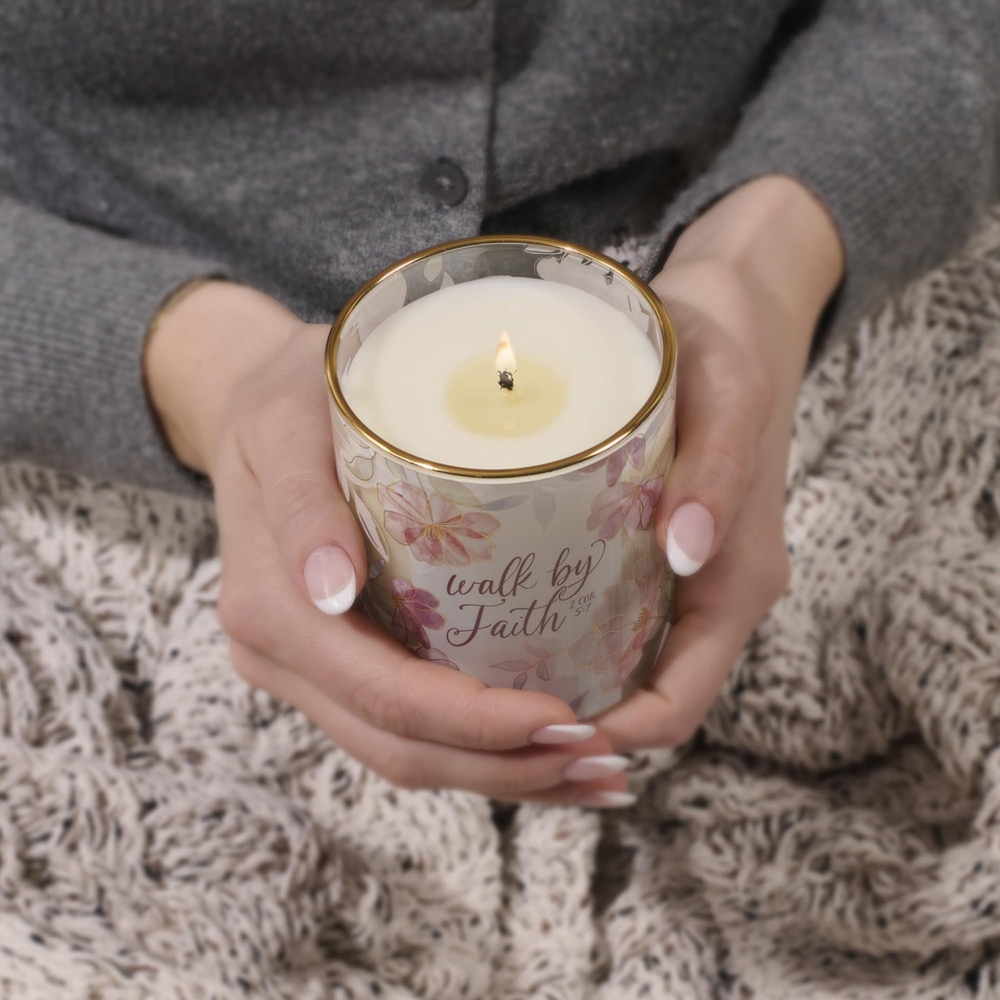 Christian Art Gifts Walk by Faith Scented Candle: Soy Wax, Pure Essential Oils, Aloe & Bamboo Scent, Bible Verse, Floral Design Glass Jar, Encouragement Gift for Women, 40 Hours Burn Time