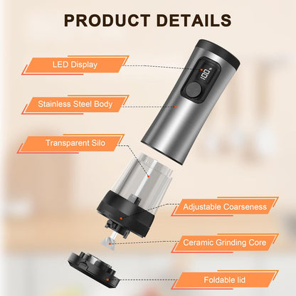 Skiennix Electric Salt and Pepper Grinder Set - Rechargeable Stainless Steel Mill with 2-Speed Settings & LED Light | 100ml Capacity