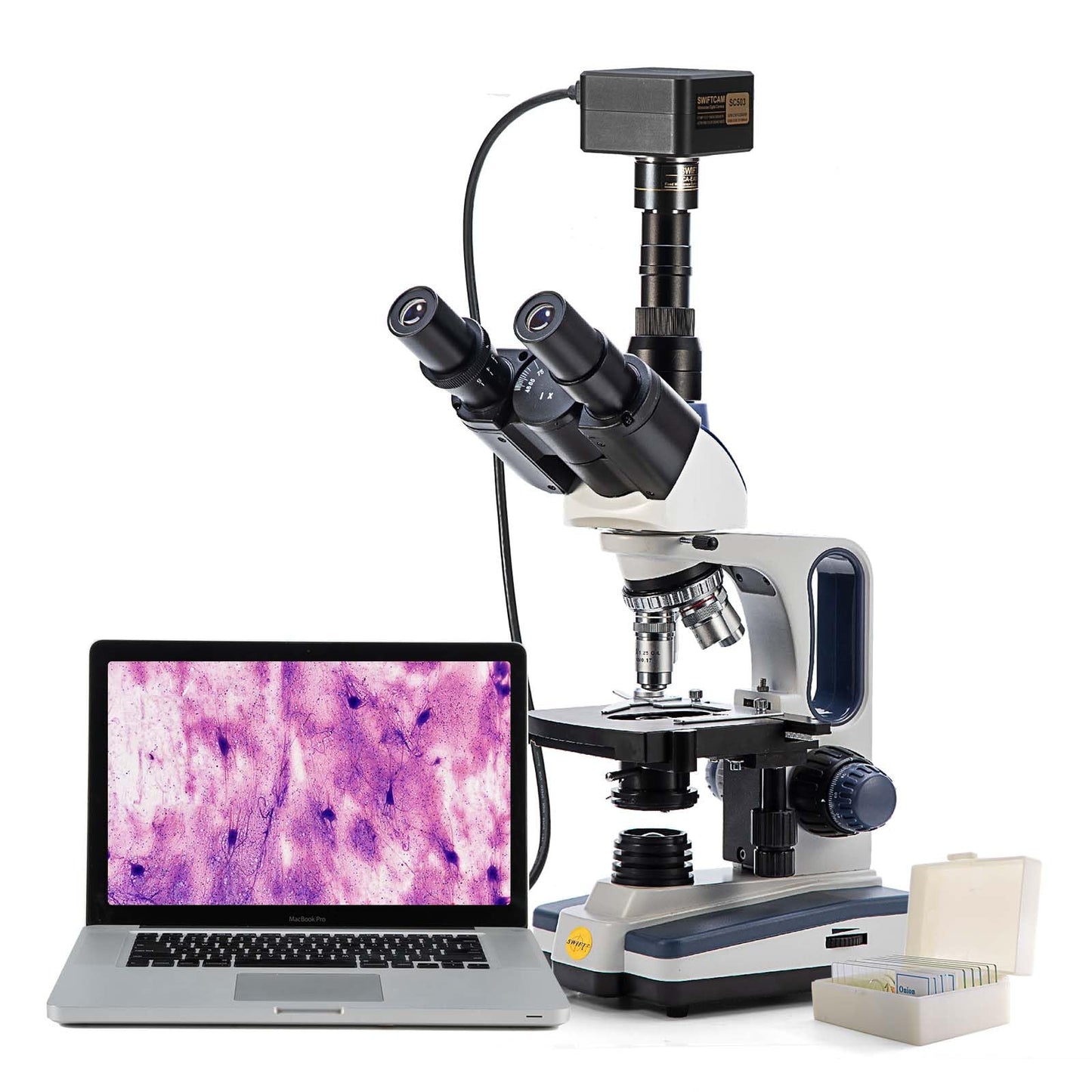Swift Compound Trinocular Microscope SW350T,40X-2500X Magnification,Siedentopf Head,Two-Layer Mechanical Stage,with Swiftcam 5 Megapixel Camera and Software Windows/Mac/Linux and USB 3.0 Cable