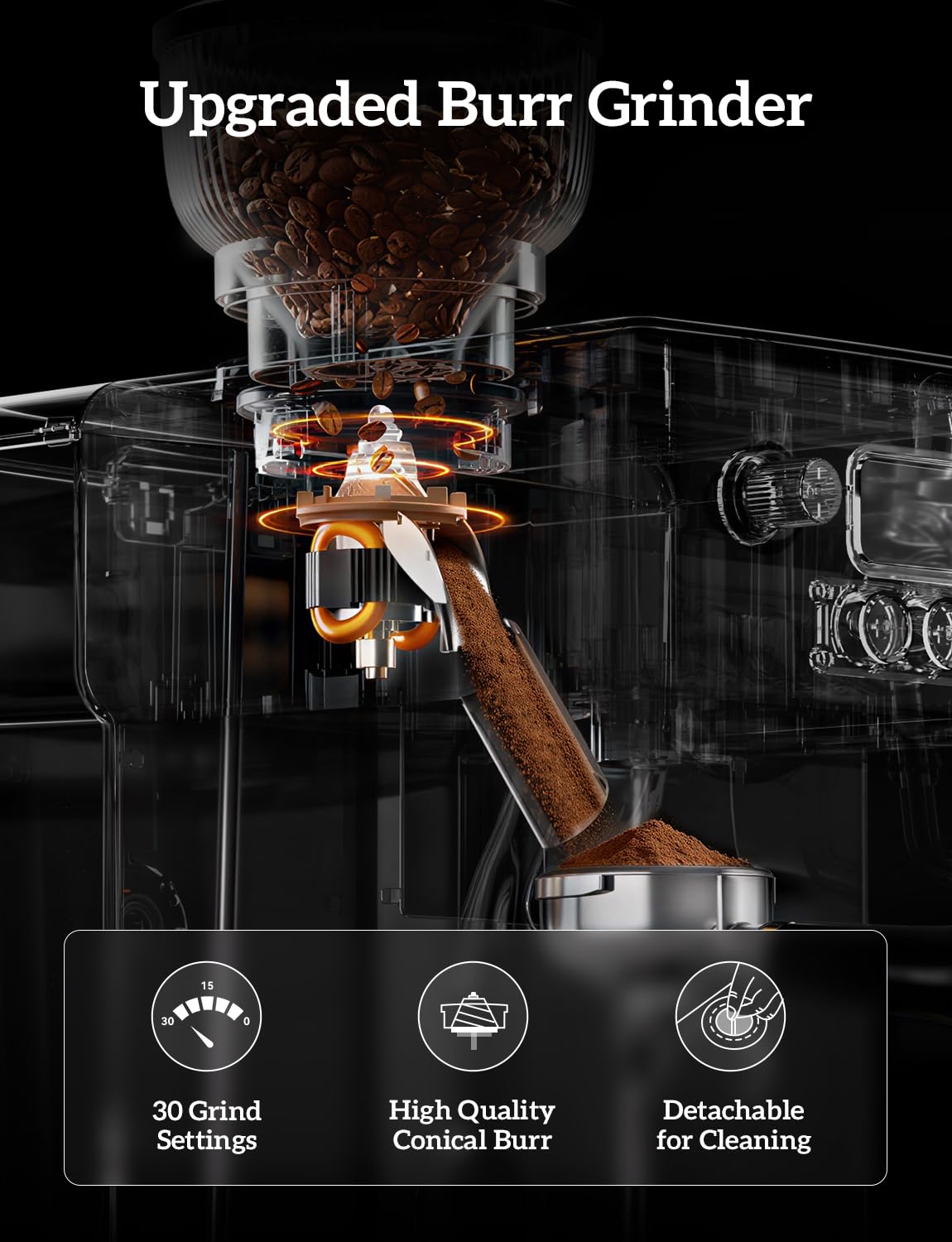 COUPLUX Espresso Machine with Grinder, 205℉ MAX Temp Control Expresso Coffee Machines 58MM Professional 15 Bar Espresso Maker with Milk Frother Steam Wand Perfect Americano Cappuccino & Latte for Home
