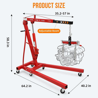 2 Ton Folding Hydraulic Engine Hoist Cherry Picker, 4400 Lbs Capacity, Adjustable Telescoping Boom, Heavy Duty Shop Crane with Load Leveler & 6 Swivel Wheels, for Garage Workshop Warehouse Automotive