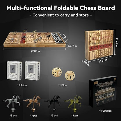 Large 23 inches Horse Racing Board Game with 11 Luxury Metal Horses Foldable Wood Horse Race Board Game with 2 Sets of Dice 2 Boxes of Cards for Parties and Gambling