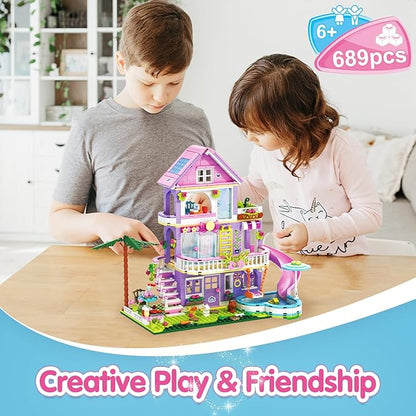 Girls Building Blocks Set689pcs Garden Villa House Building Block for Kids 6-12 and 8-14Holiday Cottage Bricks Kit Building Toy Xmas Birthday Gift for Girls Kids 6 7 8 9 10 11 12 13 14