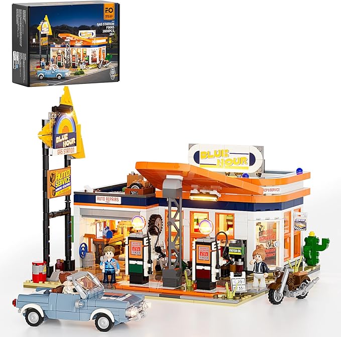 FUNWHOLE City Gas-Station Lighting-Building-Bricks Set - Road Trip Modular Car Service Station Collection LED Light Building Set 1608 Pcs for Adults Teen and Travelling Enthusiasts