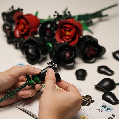 ENJBRICK 12 Pack Gothic Black Roses Building Set Compatible with Lego Red &amp Black Flower Bouquet with Baby's Breath Unique Romantic Gifts for Women Aesthetic Home Decor