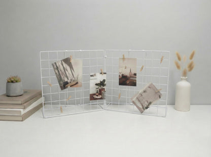 JAJAGOU Foldable Desktop Photo Display Rack & Grid Display Board with 20 Wooden Clips – Photo, Accessory & Handcraft Display Organizer for Home Office White