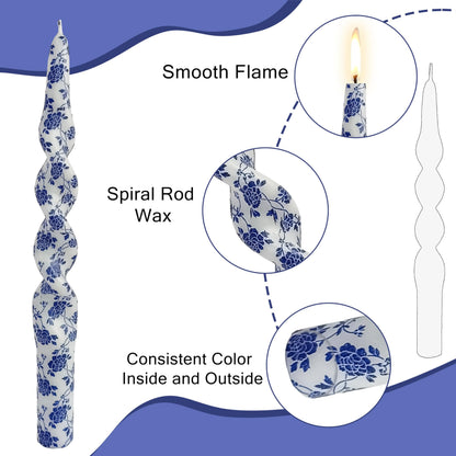 Flowers Printed Spiral Candles Unscented Twisted Candlestick Smokeless 2 PCS Blue Long Taper Candle 10 inch Twisted Candle Sticks Tapered Candles for Home Wedding Dinner Holiday Party