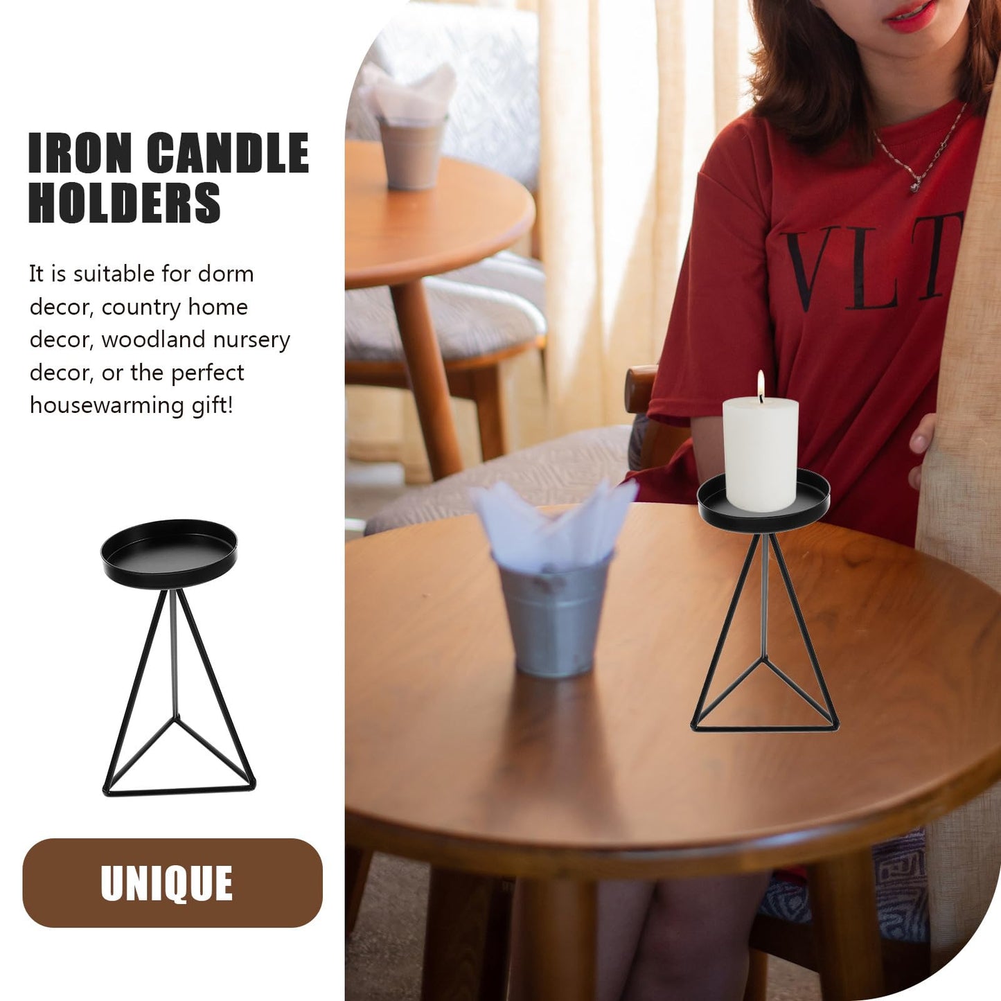 Ipetboom Geometric Iron Hollow Candlestick Holder Black Triangular Candle Pedestal for Dining Table Home Decor