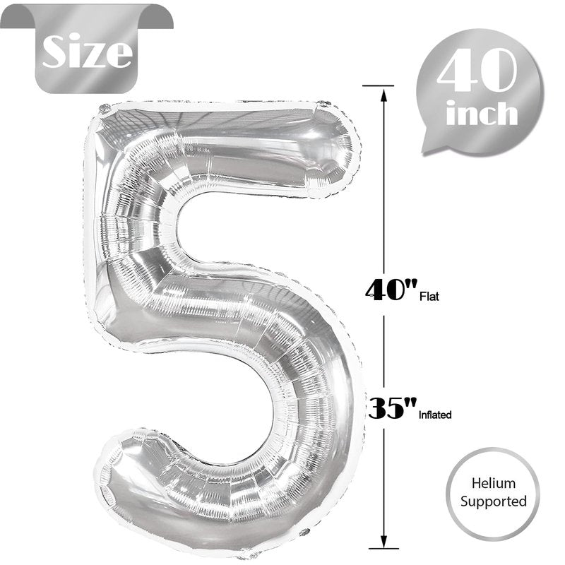 Silver 5 Balloon, Number Balloons 40 Inch, 5th Birthday Balloon Decorations, Silver Party Supplies, 5 Number Balloons, Number 5 Balloon