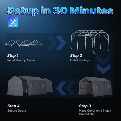 ADVANCE OUTDOOR 10X15 ft Garage Shelter Steel Metal Peak Roof Portable Storage Shed Carport for Motorcycle Boat, or Garden Tools with 2 Roll up Doors & Vents, Gray