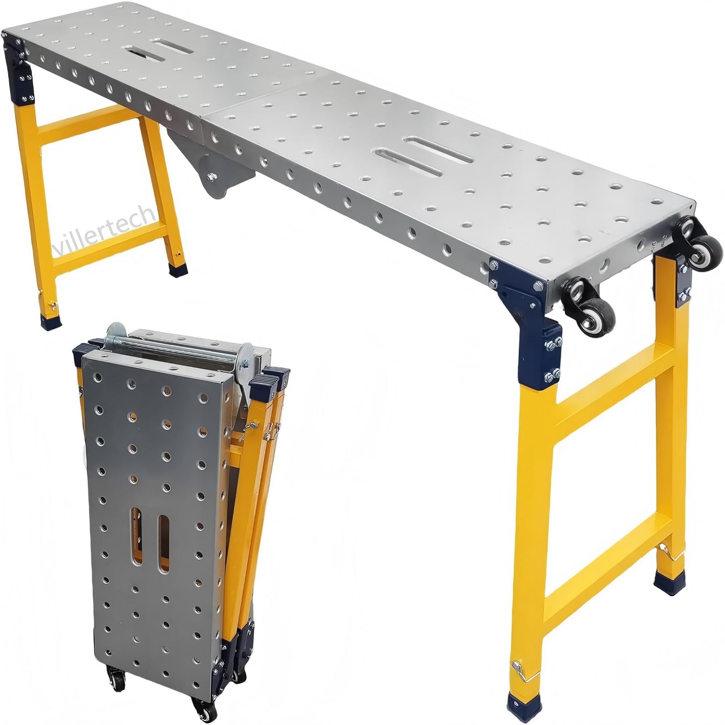 Villertech Folding Scaffolding Platform 1100 Lbs Height Adjustable Anti Slip Steel Step Ladder Stool with Galvanized Coating Anti-Slip Feet for Construction Car Washing Roof Snow Removal（47" Wide）