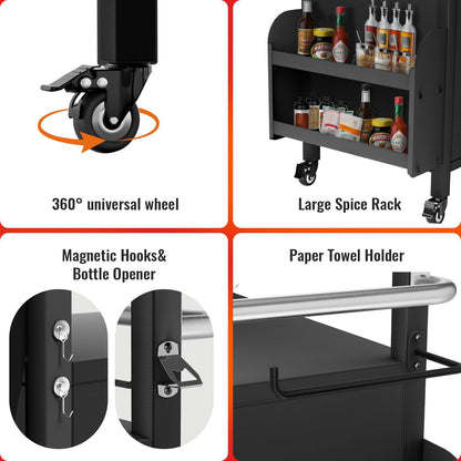 StructoMax XL Outdoor Grill Cart with Cabinet, Extra-Wide Stainless Steel Table Top, Large Spice Rack & Lockable Wheels, Outdoor Kitchen Island Grill Table for BBQ, Cooking & Prep