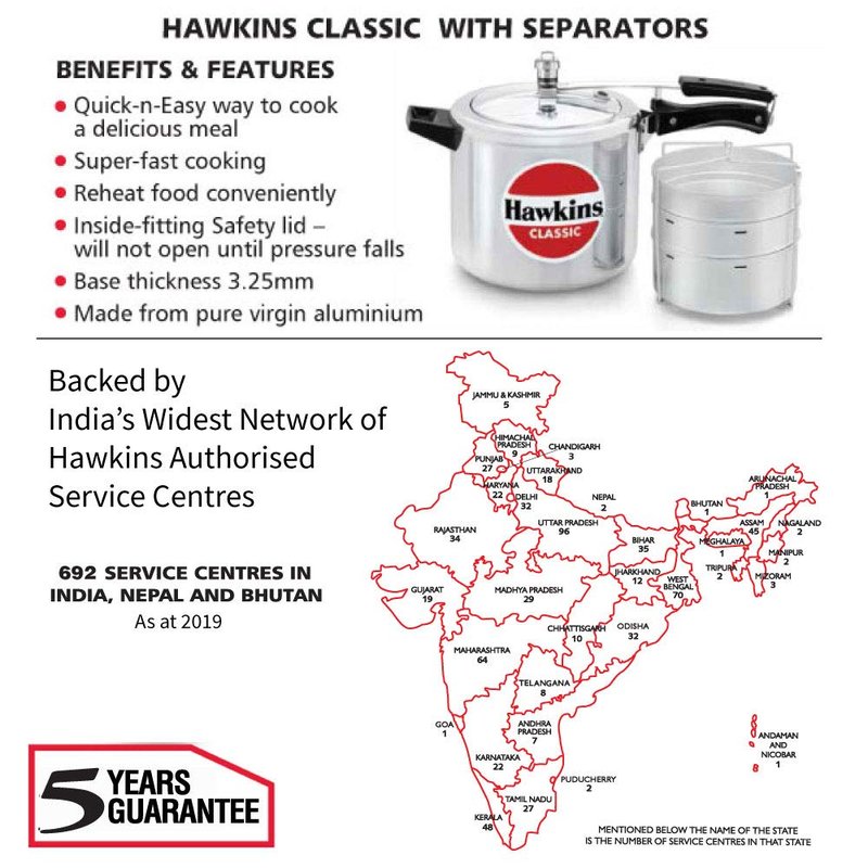 Hawkins 6.5 Litre Classic Pressure Cooker with Pots, Inner Lid Cooker with Separator Set, Silver (CL66)
