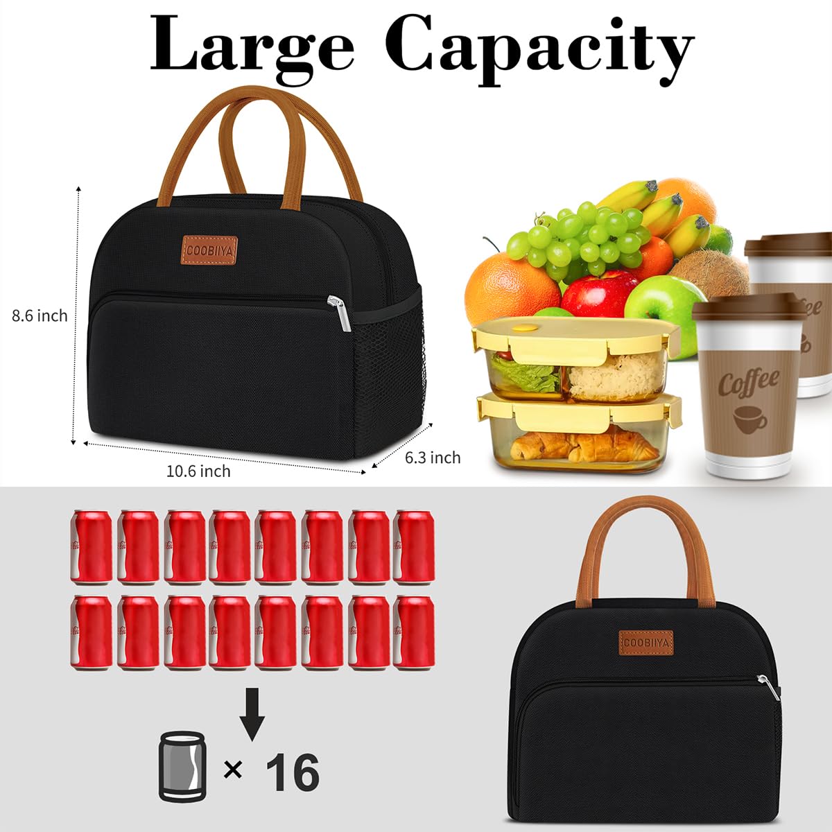 Coobiiya Lunch Box Lunch Bag for Women Adults Men, Reusable Cute Lunch Pail bag - Leakproof, Insulated Lunch Box Tote with Large Capacity, Cooler Lunch Container for Work/Travel/Office (Black)