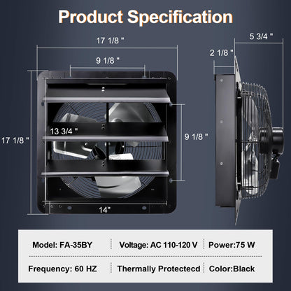 Hiorucet 14" Wall Mounted Shutter Exhaust Fan with Speed Controller and Power Cord Kit, Adjustable Temperature Thermostat with Fire Shut Off Fuse, 60HZ, 75W, Copper Motor, Automatic Shutter Attic Fan