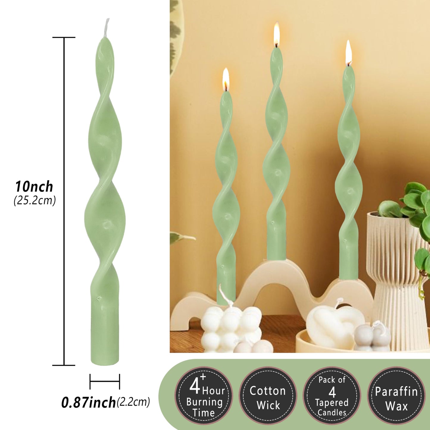 Spiral Taper Candle Smokeless Candlesticks Green Candle Stick Unique Tapered Candles Long Twisted Candlesticks Unscented Candles for Dinner Home Décor Weddings Party