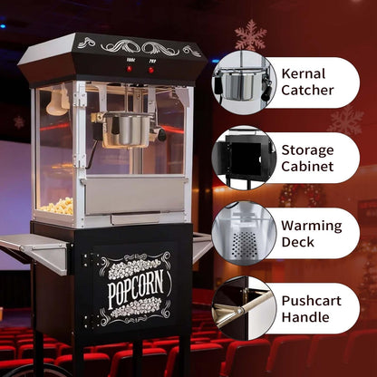 Trygoal Popcorn Machine with Cart, Popcorn Popper with 8 Oz Kettle Makes Up to 32 Cups, Nostalgia Professional Cart with Warming Deck and Old Maids Drawer, Movie Night Supplies for Home, Black