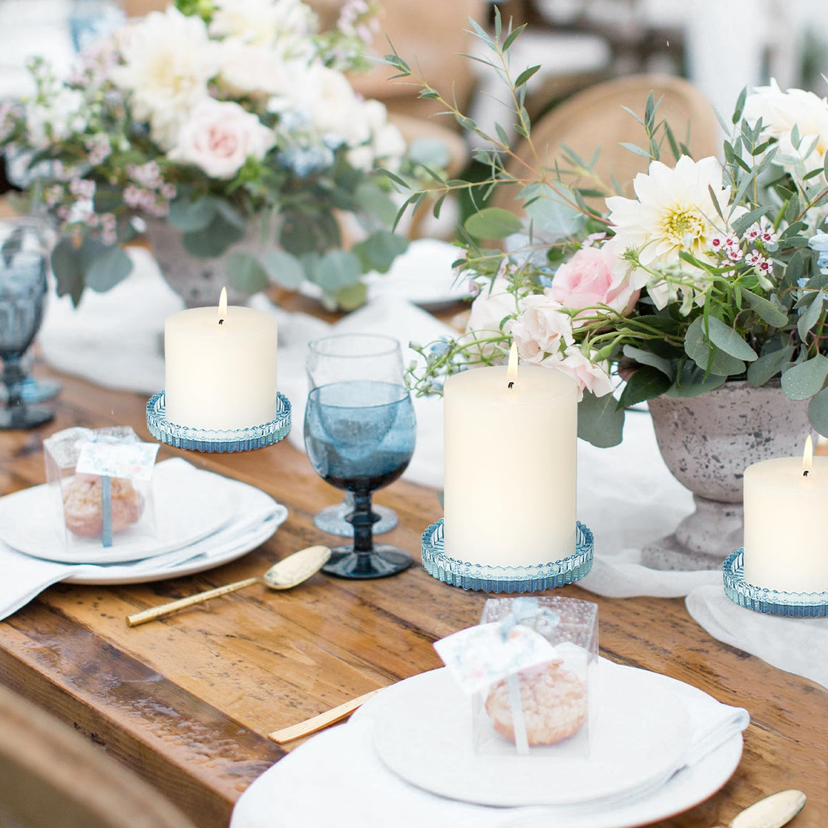 CHOCSTAY Glass Pillar Candle Holder, 4" Blue Candle Plates Set of 6, Glass Candle Holders for Wedding, Party, Holiday, Home Decor, Table Centerpiece