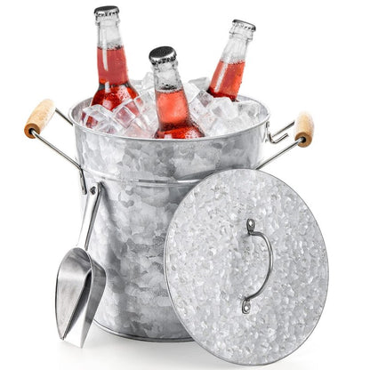 Frcctre Farmhouse 4 Liter Ice Bucket with Lid, Galvanized Metal Beverage Tub with Scoop and Handles, Drink and Wine Chiller for Bar, Party, BBQ, Great for Indoor and Outdoor Use