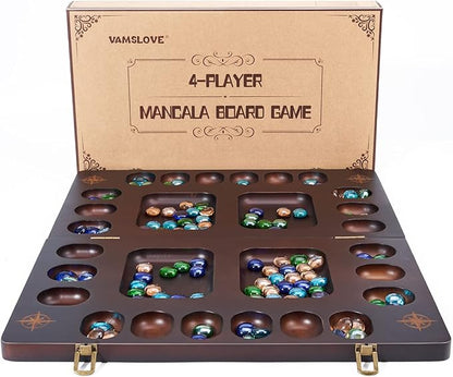 VAMSLOVE Mancala 4 Player Board Game Set Luxury Solid Wood Folding Mancala Board 96+12 Bonus Multi Color Glass Stone Beads Game Instructions Included