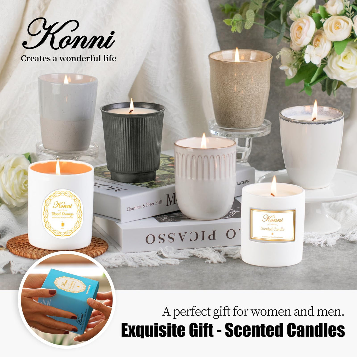Scented Candle, 8oz White Soy Candles, Lavender Scented Candles for Women & Men, Long-Lasting Aromatherapy Jar Candle Wax for Home, Bathroom, Non Toxic Candle Gift (Black Ceramic Cup 14)