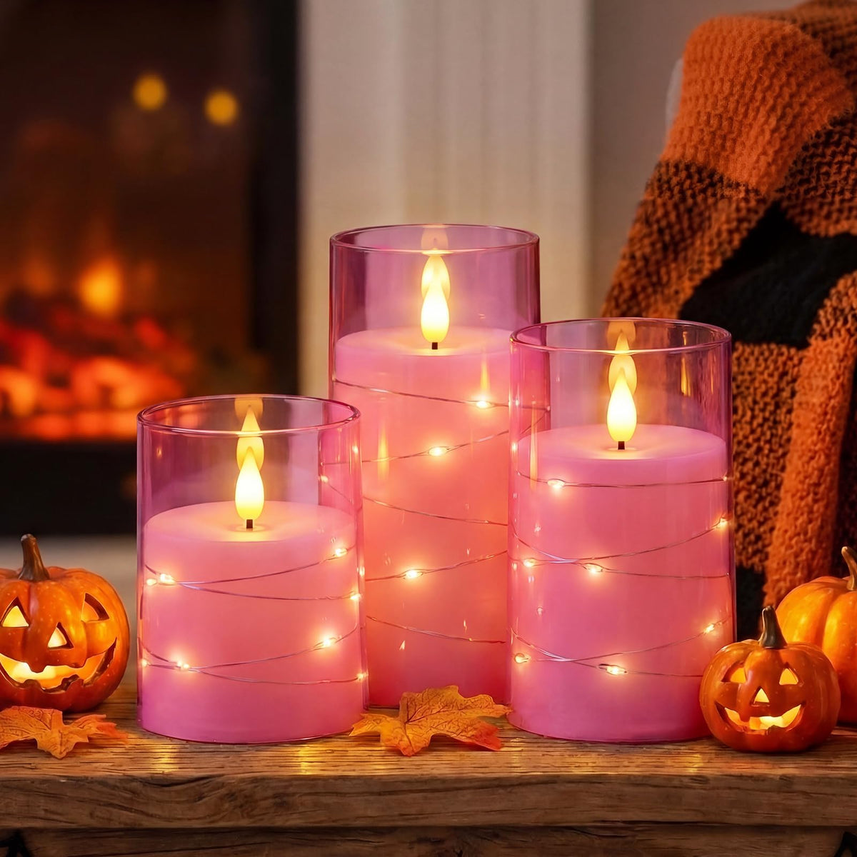 Homemory Flameless Pink Candles with Embedded Star String Fairy Lights, Battery Operated Candles, LED Candle, Fake Candles with Remote Control and Timer, Set of 3(H 4" 5" 6”)