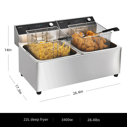 Commercial Deep Fryer with Basket, 3400w Dual 20Qt 0.6mm Thickened Stainless Steel Countertop Electric Fryer for Home and Commercial Use, Oil Fryer with Double Overheat Protection