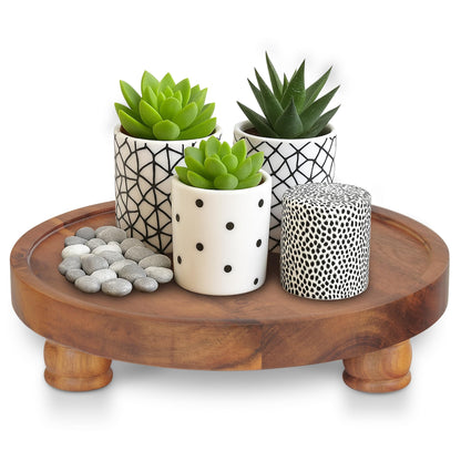 Demigo 10" Acacia Wood Round Tray - Decorative Plant Stand, Farmhouse Countertop Organizer, Multi-Purpose Display Pedestal, Riser Board for Soap, Perfume, Candles, Sponge, Bathroom, Kitchen