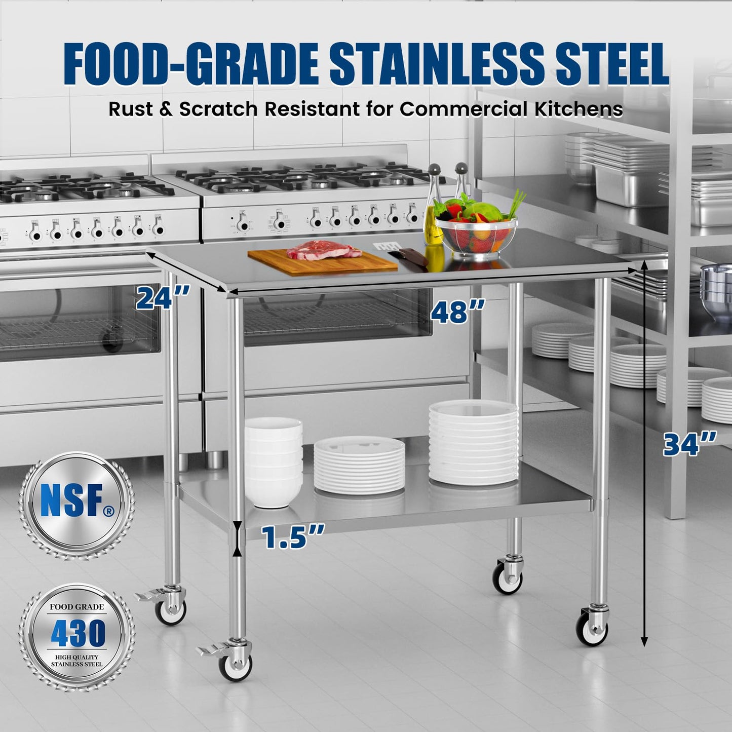 Chingoo Stainless Steel Work Table with Wheels, 24x48 Inch NSF Kitchen Prep Table with Adjustable Undershelf for Commercial Restaurant, Garage, Outdoor BBQ