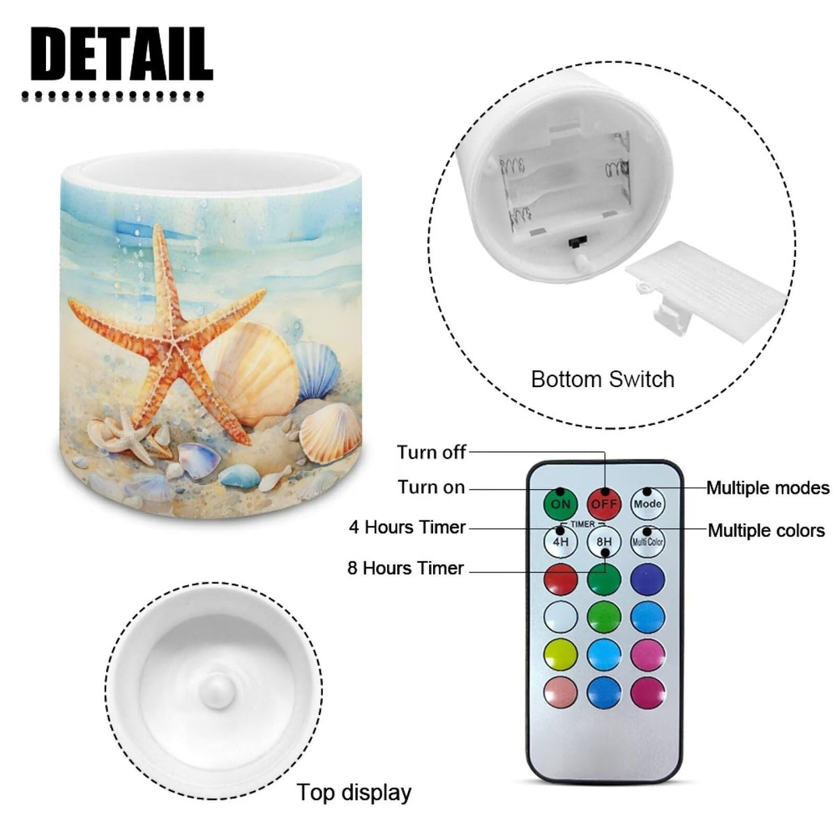 Merkmak 4 Pcs Coastal Flameless Candles Bulk with Remote Battery Operated Pillar Candles with Timer Painting Starfish Shell LED Tea Lights for Beach Theme Home Bathroom Bedroom Decorations