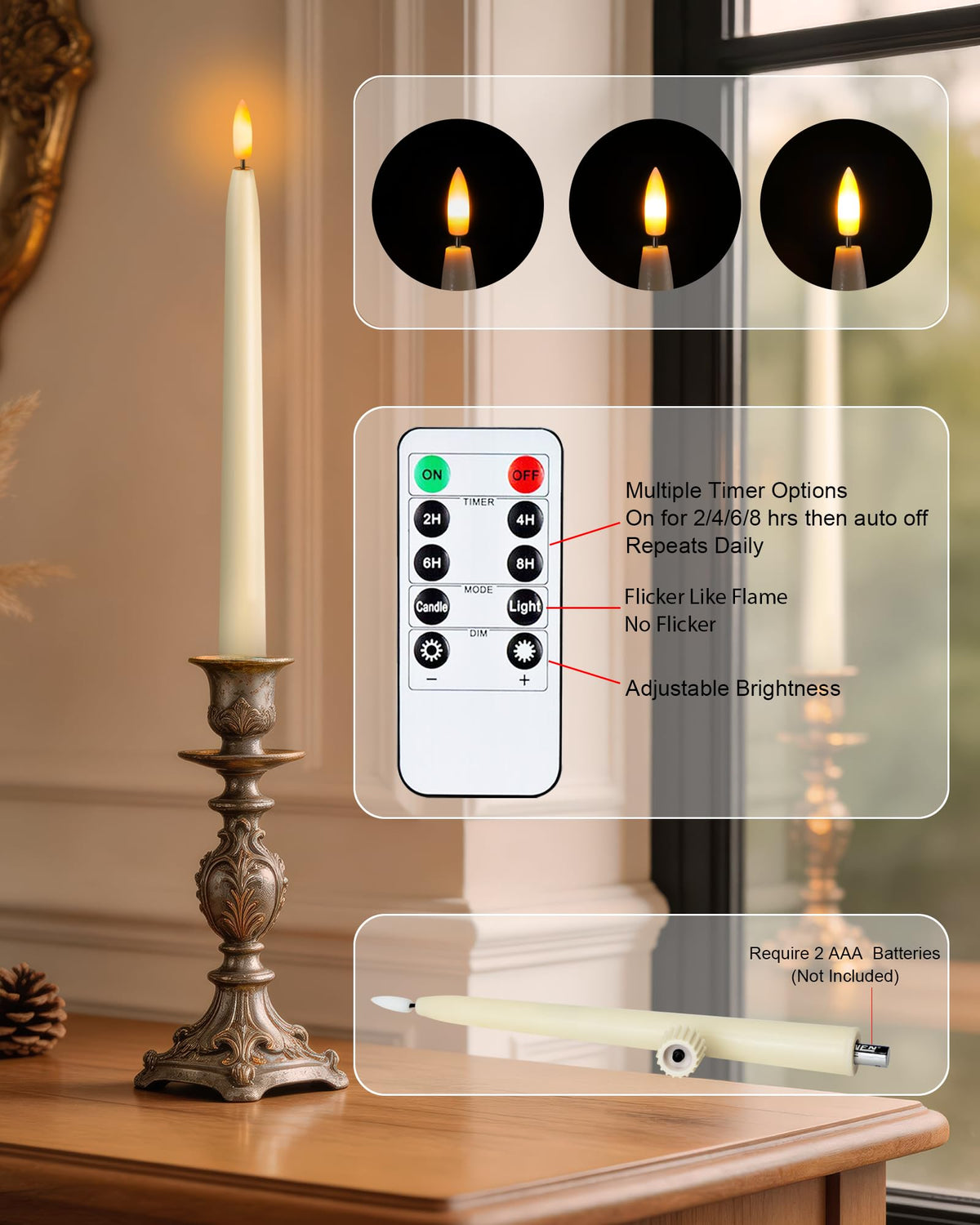 Homemory 11 inches Waxy Flameless Taper Candles with Remote Timer Dimmer, 3 Pcs Battery Operated Taper Candles with Flickering Flame, Ivory LED Candlesticks for Wedding, Christmas Indoor Decoration