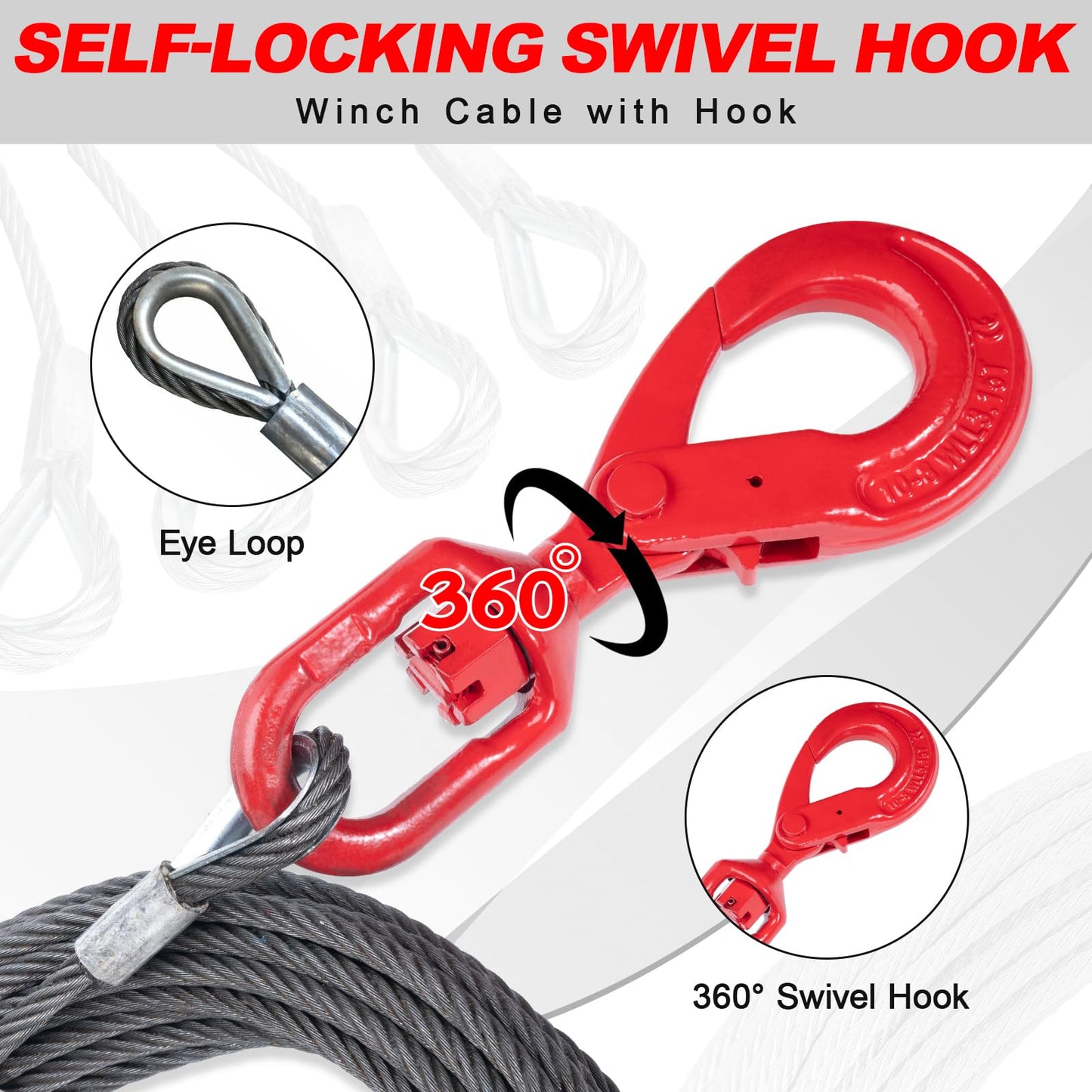 SajoSolid Winch Rope with Safty Hook, 1/2 Inch x 75 Feet Heavy-Duty Tow Cables with Hooks, 6×25 Stranded Steel Core Winch Cable, 24,000 lbs Breaking Strength for Trailers and Cranes