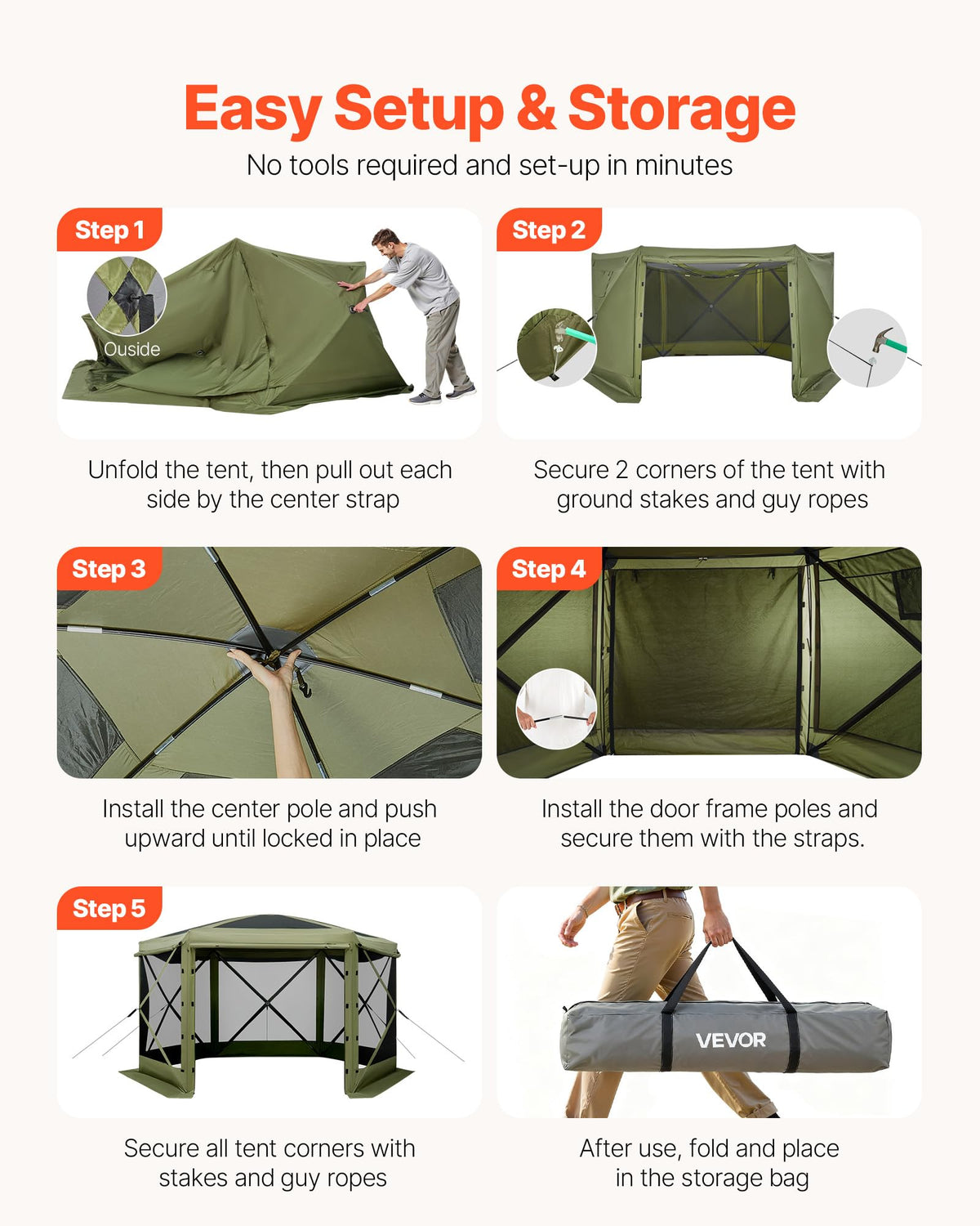 VEVOR Pop up Gazebo Screen Tent, 10 x 10 ft Large 6-Sided Camping Canopy Tent with Removable Top & Carry Bag, Quick-Set & Bite-Proof, Screen House Sun Shelter for 6-8 Persons Backyard Patio, Green