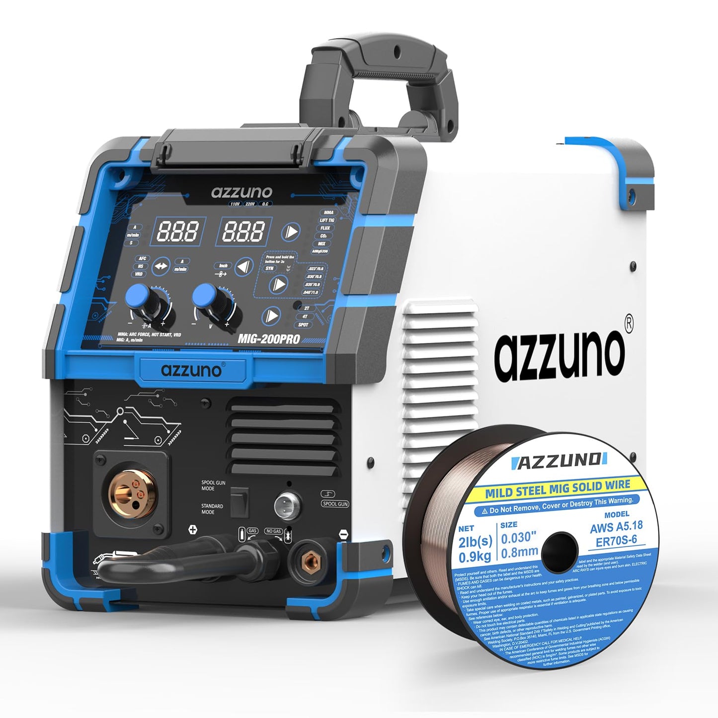 AZZUNO 8 in 1 200A MIG Welder & .030" 2LBS Solid MIG Welding Wire, 110V/220V Welder Machine Flux Core MIG/Gas MIG/MAG/Aluminum MIG/Spot MIG/Lift TIG/Stick Welding/Spool Gun Compatible, Multiprocess We
