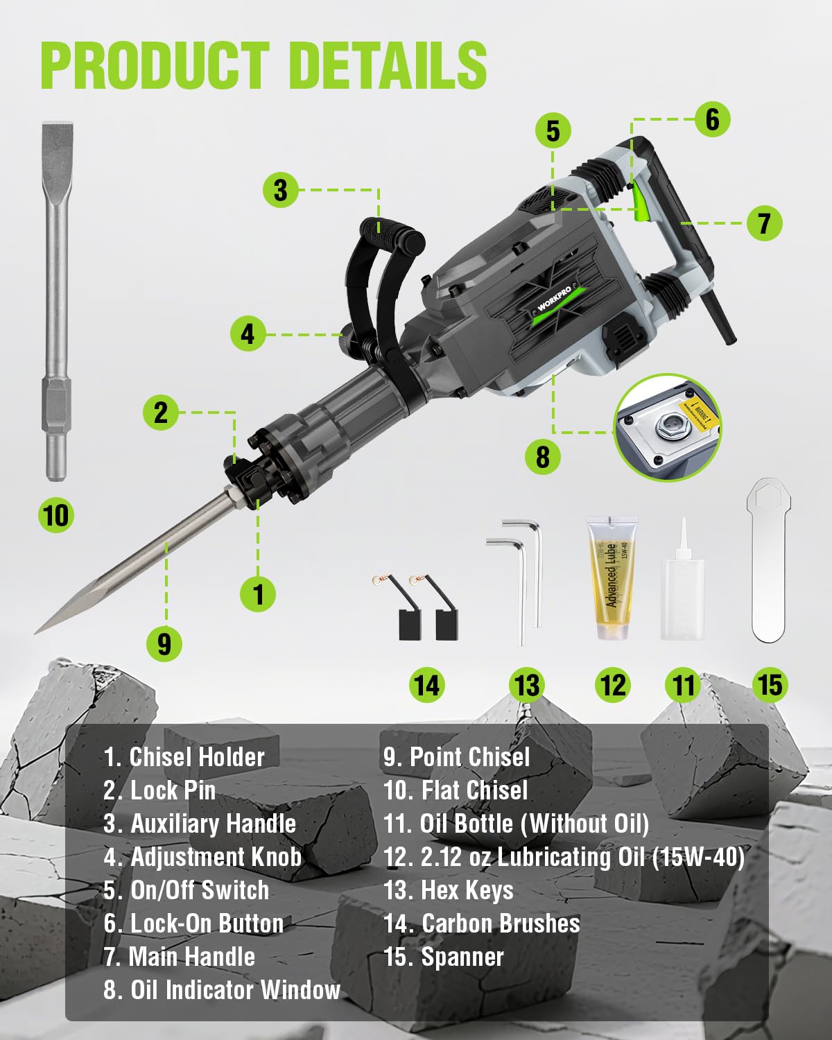 WORKPRO 60 J Demolition Jack Hammer – 15A Heavy Duty Electric Concrete Breaker, 1900 BPM Industrial Jackhammer with 2 HEX30 Chisels, UL Plug, Wheeled Carry Case for Construction & Renovation