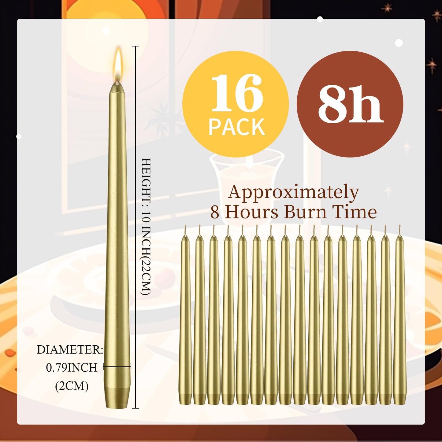 MTLEE 16 Pcs 10 Inch Long Tapered Candle Stick Bulk Smokeless Unscented Burning Candlestick Paraffin Wax with Cotton Wick for Dinner Valentine Wedding Birthday Anniversary Party Church(Warm Golden)