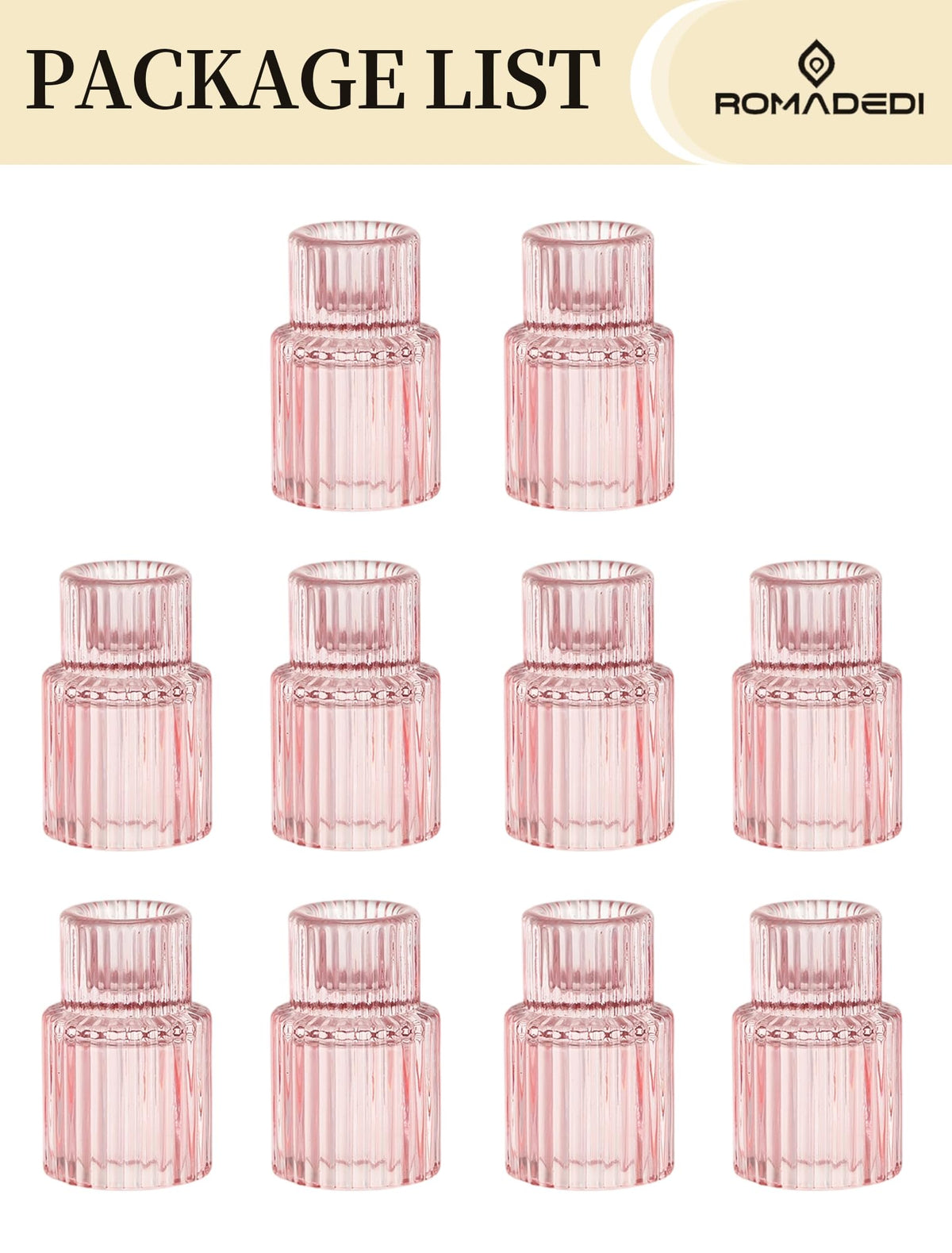 Romadedi Pink Glass Candle Holders - 10 Pcs Ribbed Candlestick Holder Bulk for Table Centerpiece Elegant Taper Holder for Wedding Birthday Party Baby Showers Valentines Mother's Day Christmas