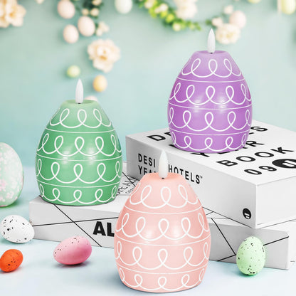 Leorate 3PCS Easter Egg Flameless Candles – 5.2" Battery Operated LED Egg Candles with White Wave Pattern, Green Purple Pink Real Wax Finish, Flickering Flame for Easter Table Centerpiece Spring Home