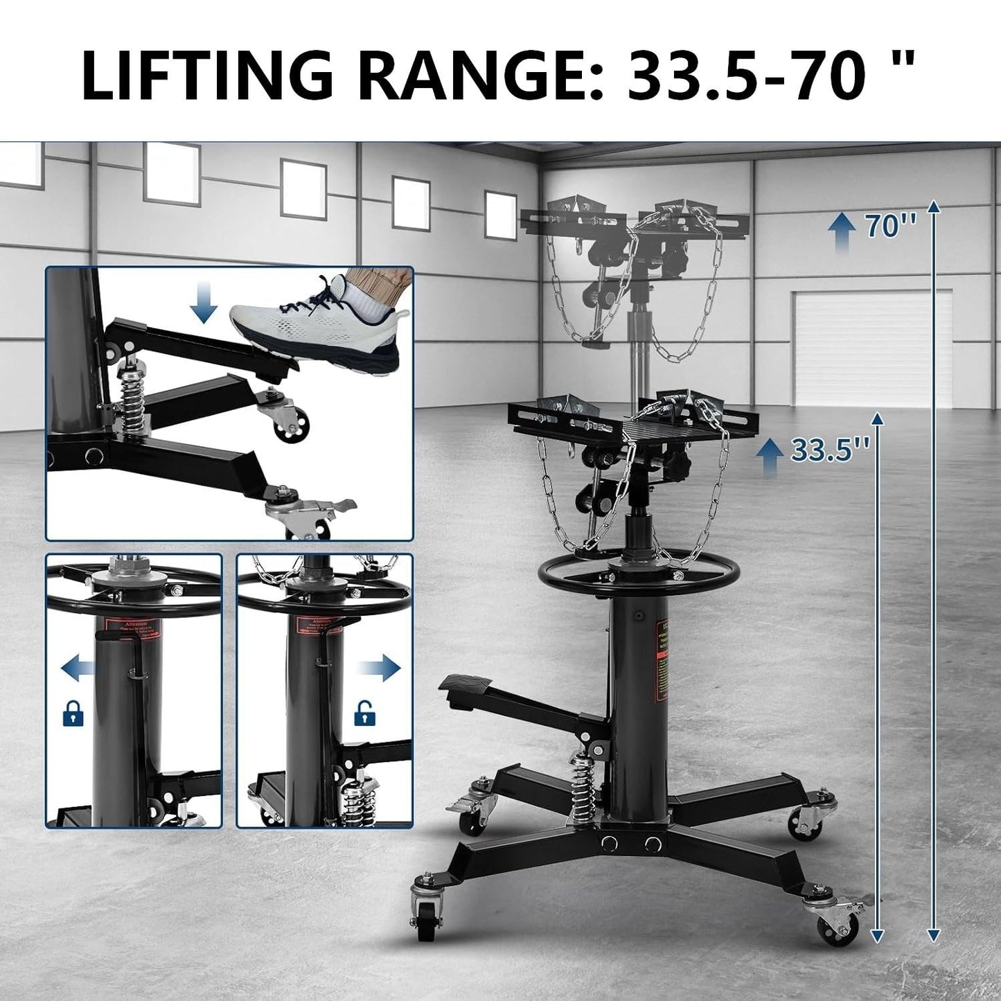 Hydraulic Transmission Jack 1322 Lb Capacity, High Lift 33.5-70 Inch, Dual Plunger System, 360° Rotating & 30° Tilting Saddle, Telescoping Jack Stand for Garage and Auto Shop Use, Black