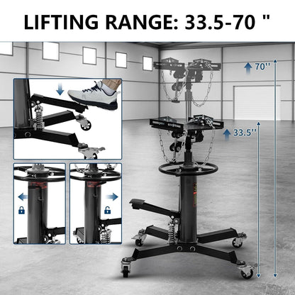 Hydraulic Transmission Jack 1322 Lb Capacity, High Lift 33.5-70 Inch, Dual Plunger System, 360° Rotating & 30° Tilting Saddle, Telescoping Jack Stand for Garage and Auto Shop Use, Black