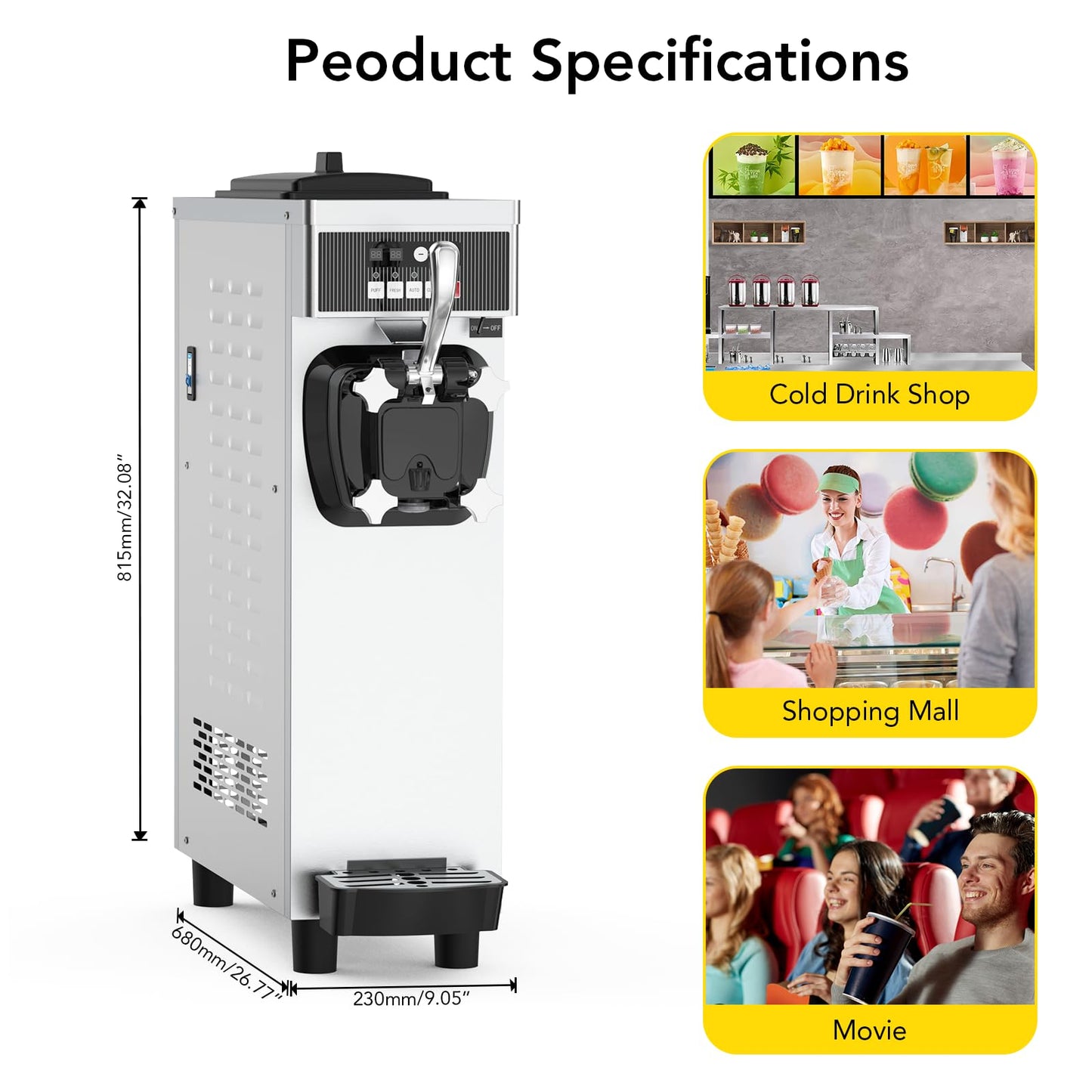 Commercial Ice Cream Maker Machine for home, 4.7-5.8Gal/H Soft Serve Machine, 1200W Single Frozen Yogurt Ice Cream Mixing Machine with 7 L Hoppers &1.8 L Cylinders for Parties, Restaurants, Snack Bars