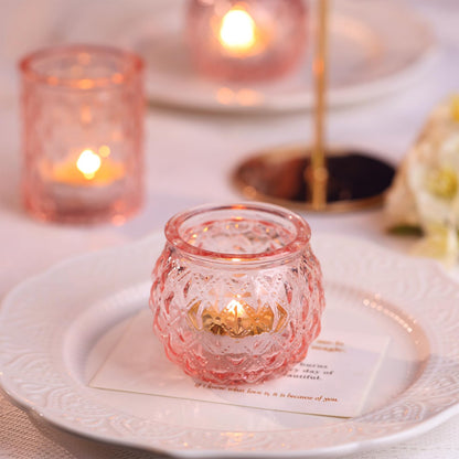 DARJEN Pink Votive Candle Holders Set of 24- Round Glass Candle Holders Bulk for Flameless LED Tea Waxes, Romantic Candle Holder for Wedding & Various Parties, Home Table Decor (Pack of 4)