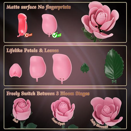 Pink Rose Building Flower Bouquet Set for Adults Compatible with Lego Flowers Artificial Plant Home Decor Creative DIY Building Toys Romantic Gifts for Her Birthday Valentine's Day Mother's Day