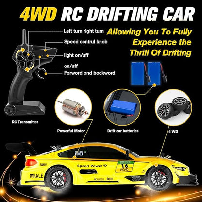 RC Drift Car 1:16 Scale Drifting Cars2.4GHz 4WD RC Race Car 40km/h High-Speed Remote Control Drift Cars Vehicle Racing Sport Toy Easter Basket Stuffers Gift for Boys Girls Kids(Yellow)