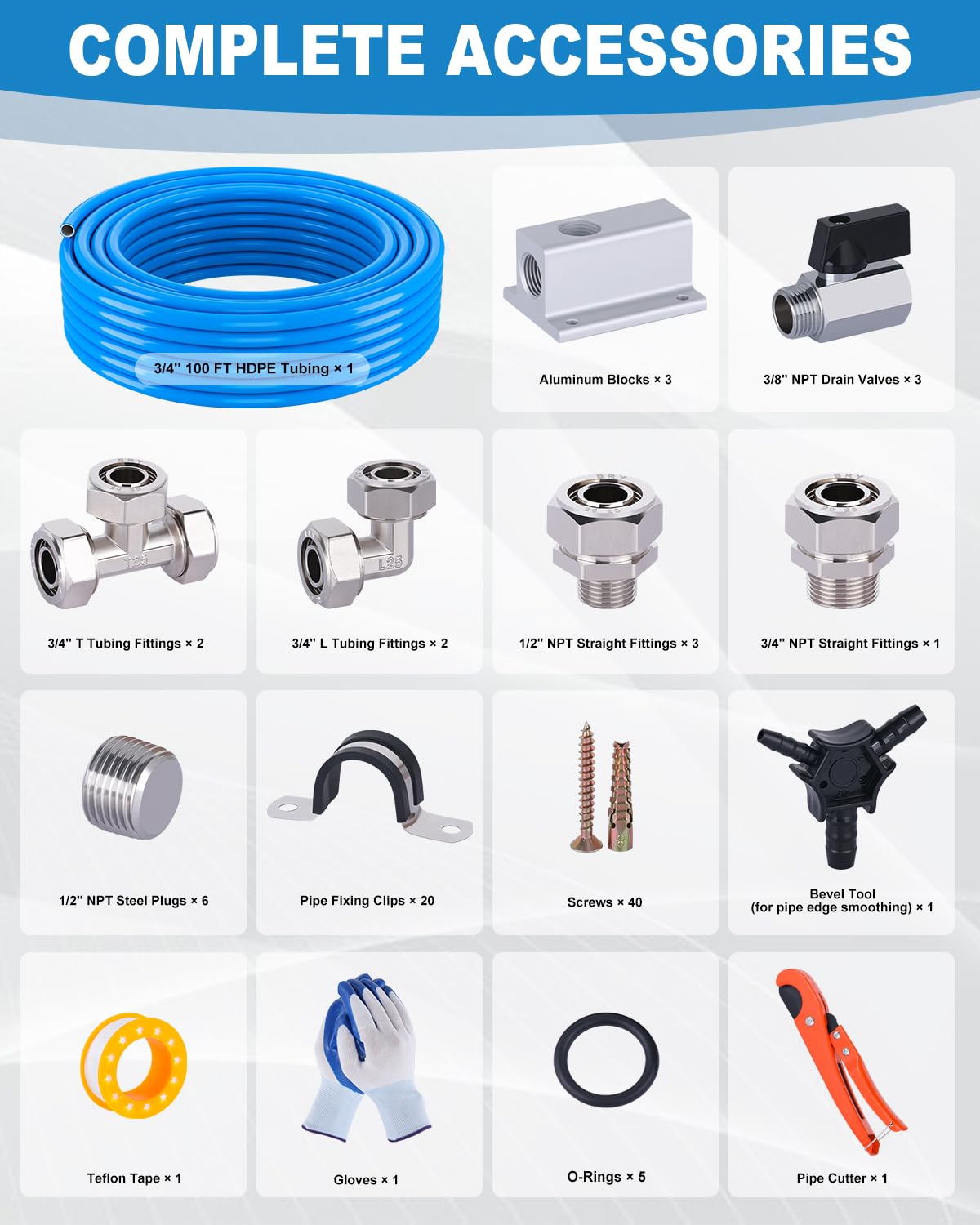 MOLAVIEE Compressed Air Line Kit, 3/4 Inch ID x 100FT HDPE-Aluminum Compressed Air Piping System, Garage Air Compressor Line Kit Accessories for Shop | 200 PSI | 90PCS