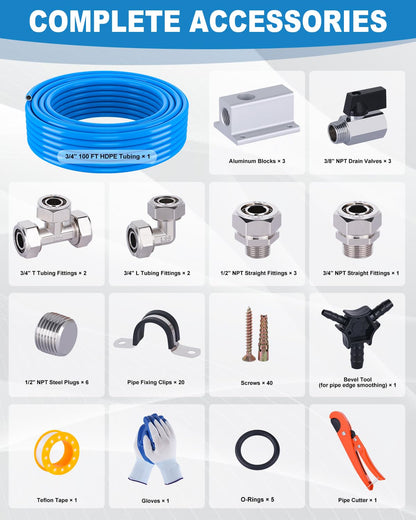 MOLAVIEE Compressed Air Line Kit, 3/4 Inch ID x 100FT HDPE-Aluminum Compressed Air Piping System, Garage Air Compressor Line Kit Accessories for Shop | 200 PSI | 90PCS
